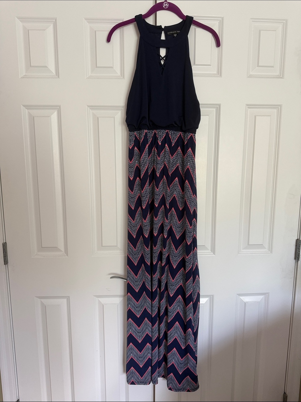 Three Pink Hearts Navy Halter Maxi Dress with Chevron Print ladies size Medium